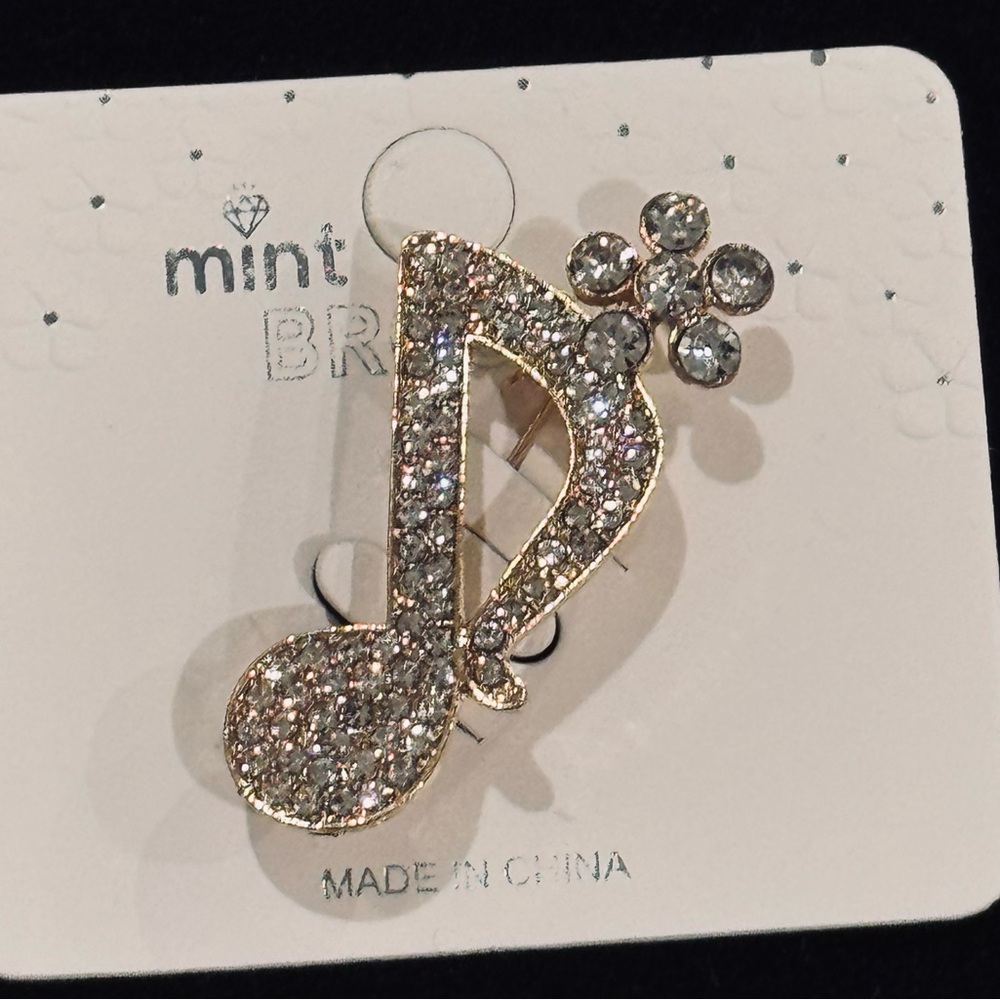 NWT Mint Rhinestone Music Note & Flower Brooch Pin Clear - Picture 2 of 7